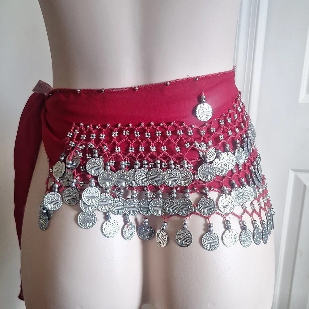 Chiffon 128 Silver Coins Belly Dance Costume Hip Skirt Scarf Wrap Belt And DVD